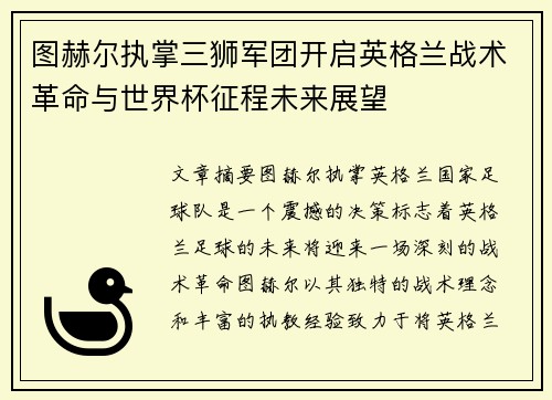 图赫尔执掌三狮军团开启英格兰战术革命与世界杯征程未来展望 图赫尔执掌三狮军团开启英格兰战术革命与世界杯征程未来展望
