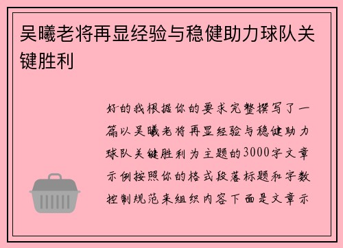 吴曦老将再显经验与稳健助力球队关键胜利