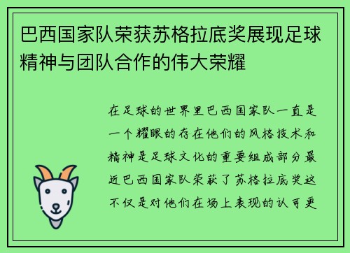 巴西国家队荣获苏格拉底奖展现足球精神与团队合作的伟大荣耀 巴西国家队荣获苏格拉底奖展现足球精神与团队合作的伟大荣耀
