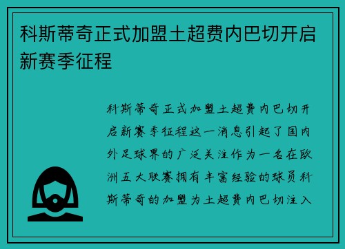 科斯蒂奇正式加盟土超费内巴切开启新赛季征程