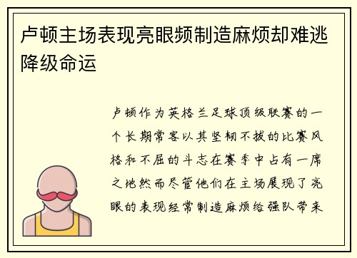 卢顿主场表现亮眼频制造麻烦却难逃降级命运